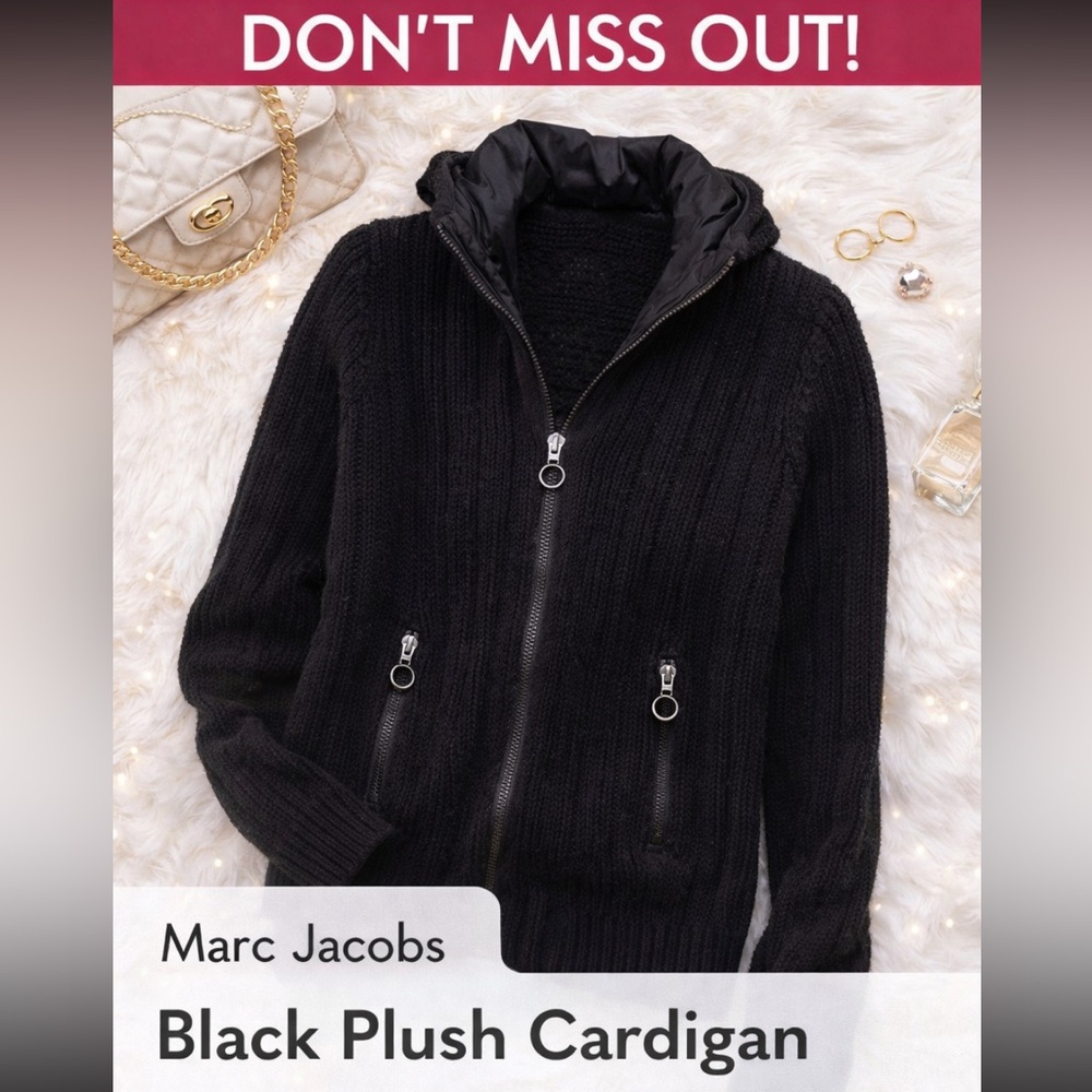 Black Plush Cardigan with Standing Collar